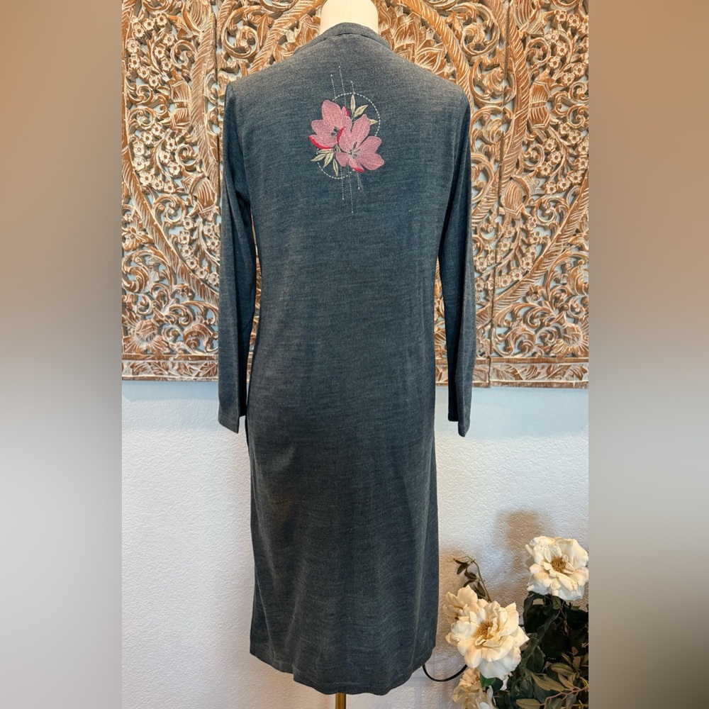 Aurelia Steel Blue Floral Embroidered Back Bohemian Warm Midi Sweater Dress